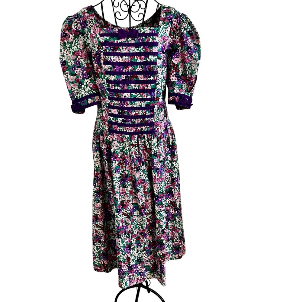 Vintage 80s LANZ II USA Maxi Cottage Floral Puff Sleeve Prairie Dress Victorian